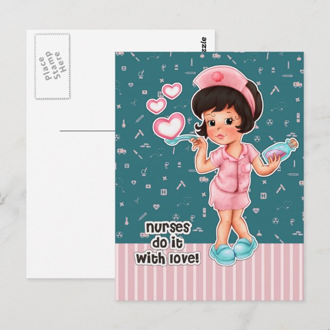 Nurses do it with Love. Cute Brunette Nurse Postcard (Front/Back)