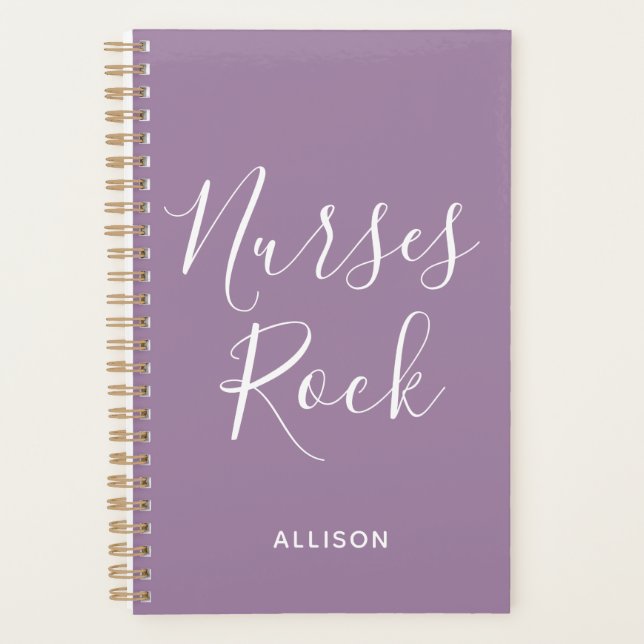 Nurses Rock Purple and White Script Personalized Planner (Front)