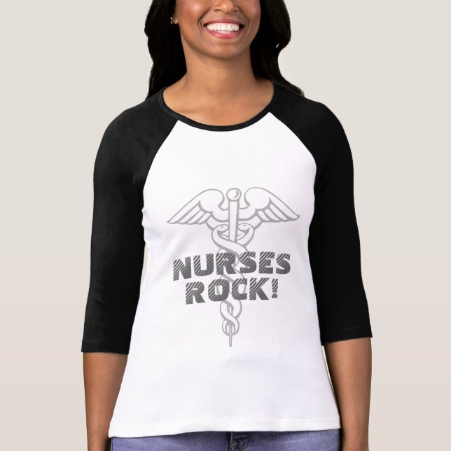 Nurses Rock shirt | Black and white with caduceus (Front)