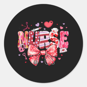 Nurses Valentines Day Heart Bow Stethoscope Girls Classic Round Sticker