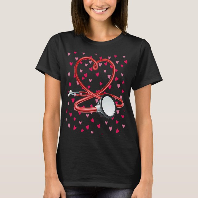 Nurses Valentines Day Hearts Stethoscope and Heart T-Shirt (Front)