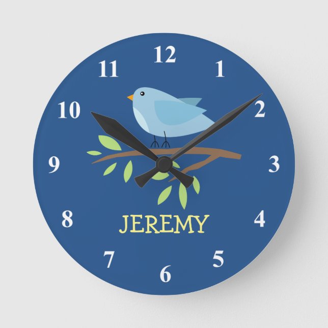 Nursey wall clock with cute bird on a branch (Front)