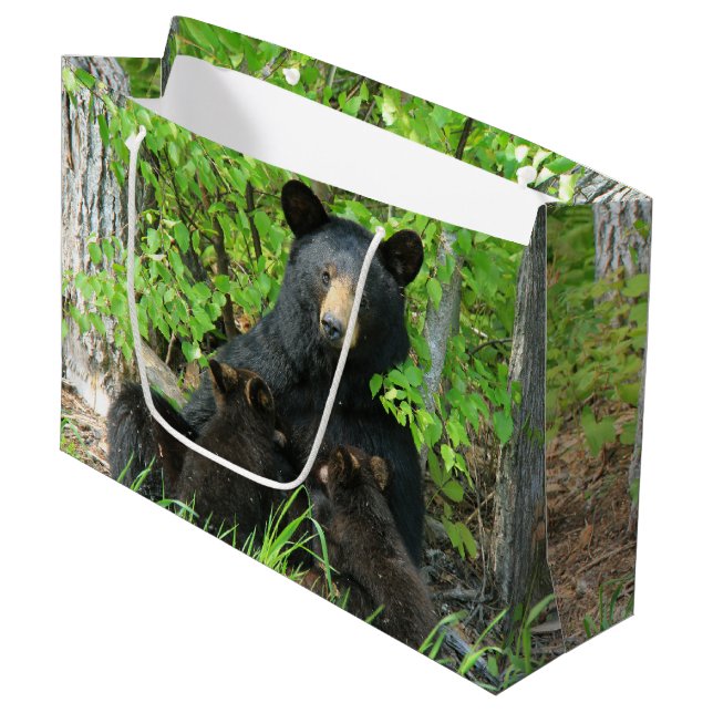 Nursing Black Bear and Twin Cubs  Large Gift Bag (Front Angled)