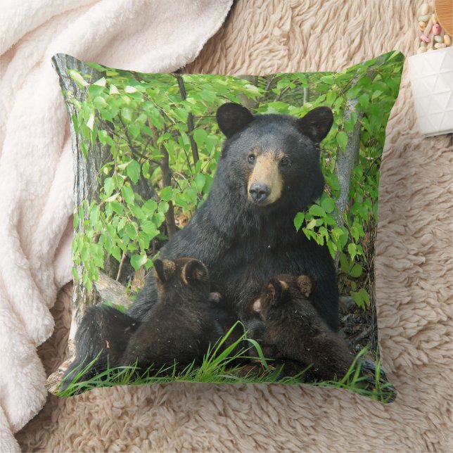 Nursing Black Bear and Twin Cubs Outdoor Throw Pillow (Blanket)