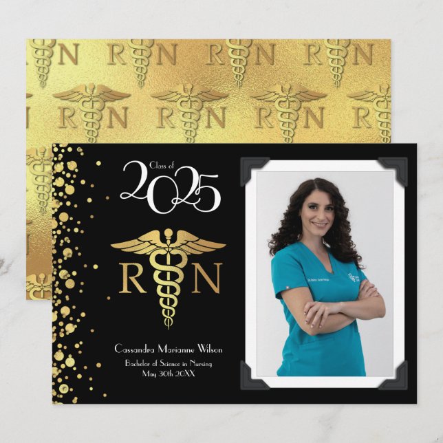 Nursing Gold Graduation Announcement Black (Front/Back)