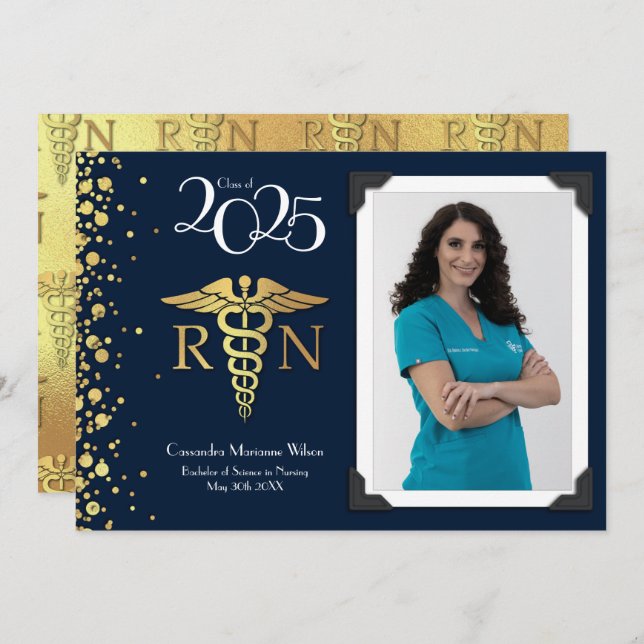 Nursing Gold Graduation Announcement Navy Blue (Front/Back)
