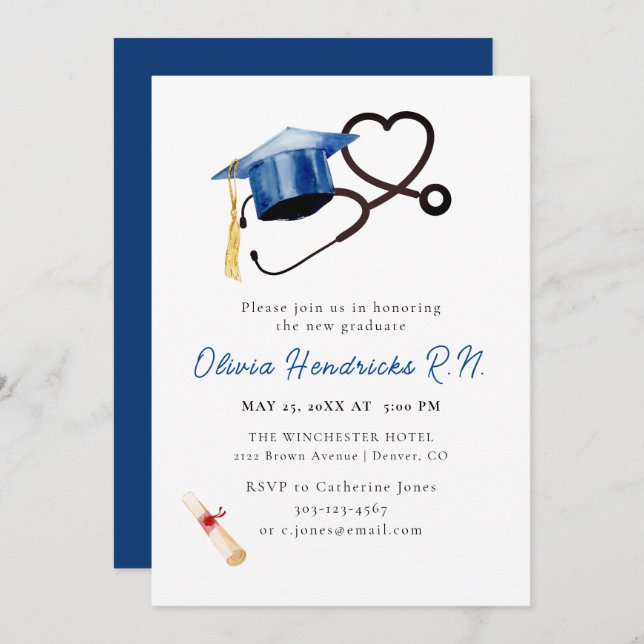 Nursing Graduation Cap and Stethoscope Invitation (Front/Back)