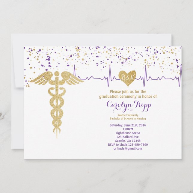 Nursing Graduation Ceremony, BSN- Purple and Gold Invitation (Front)