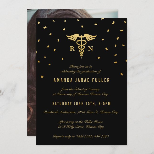 Nursing Graduation Invitations | Gold & Black (Front/Back)