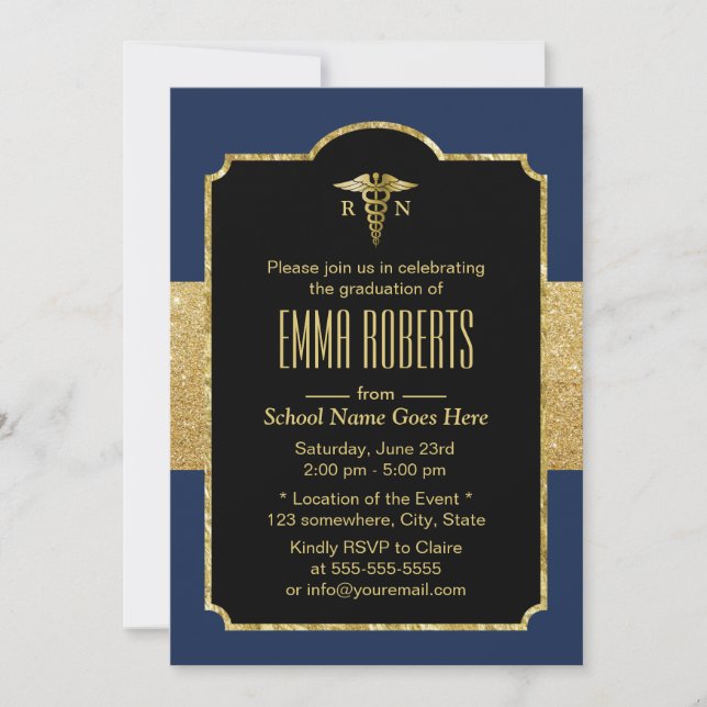 Nursing Graduation Party Elegant Navy Blue & Gold Invitation (Front)