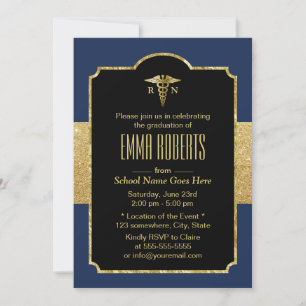 Nursing Graduation Party Elegant Navy Blue & Gold Invitation