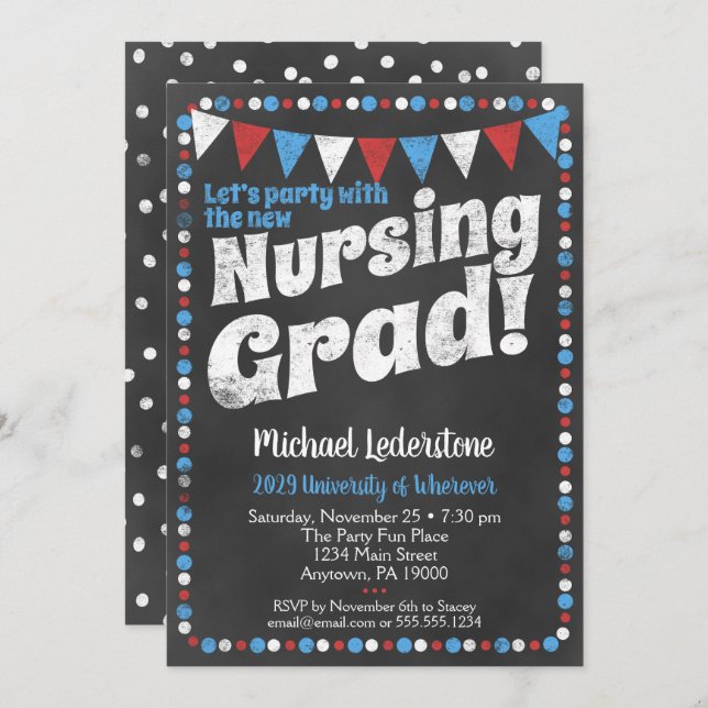 Nursing Graduation Party Invitation Red Blue (Front/Back)
