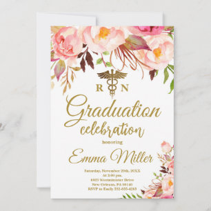 Nursing School, Boho Floral and Gold Graduation Invitation