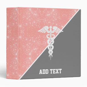 Nursing School Caduceus Blush Pink Faux Glitter Binder