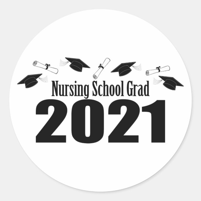 Nursing School Grad 2021 Caps And Diplomas (Black) Classic Round Sticker (Front)