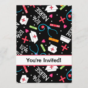 Nursing School Graduation Celebration Black White Invitation