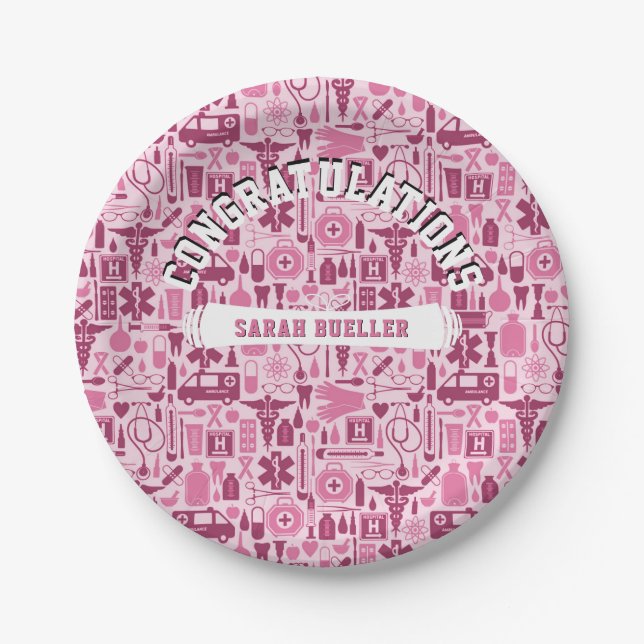 Nursing School Graduation Party Pink Pattern Paper Plate (Front)