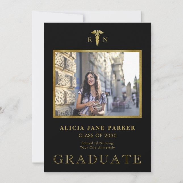 Nursing school graduation photo gold black announcement (Front)