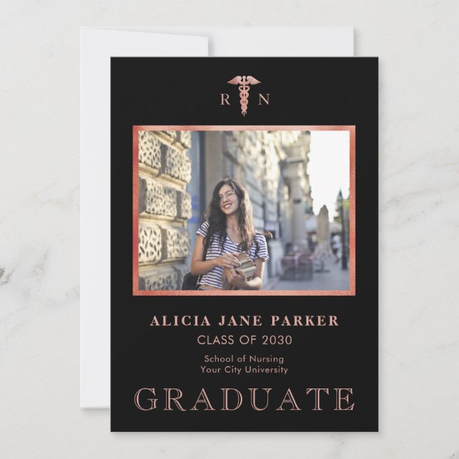 Nursing school graduation photo rose gold black announcement (Front)