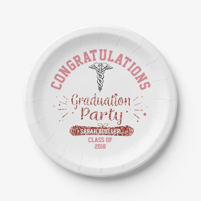 Nursing School Pink Rose Gold Graduation Party Paper Plate (Front)