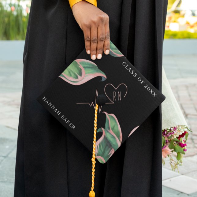 Nursing School Pink Tropical Leaf Custom Monogram Graduation Cap Topper (Creator Uploaded)