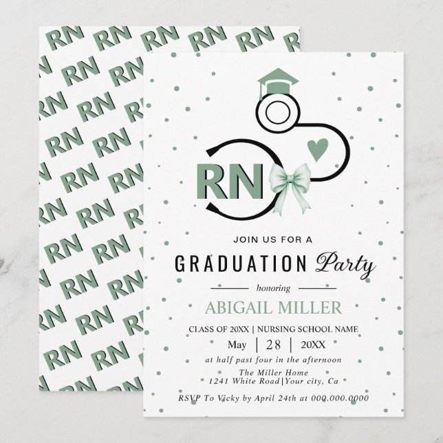 Nursing shool stethoscope green RN graduation Invitation (Front/Back)