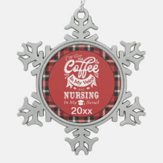 Nursing Student Coffee In My Veins Red Plaid Snowflake Pewter Christmas Ornament