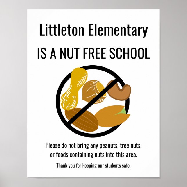 Nut Free School Sign Personalized With School Name (Front)