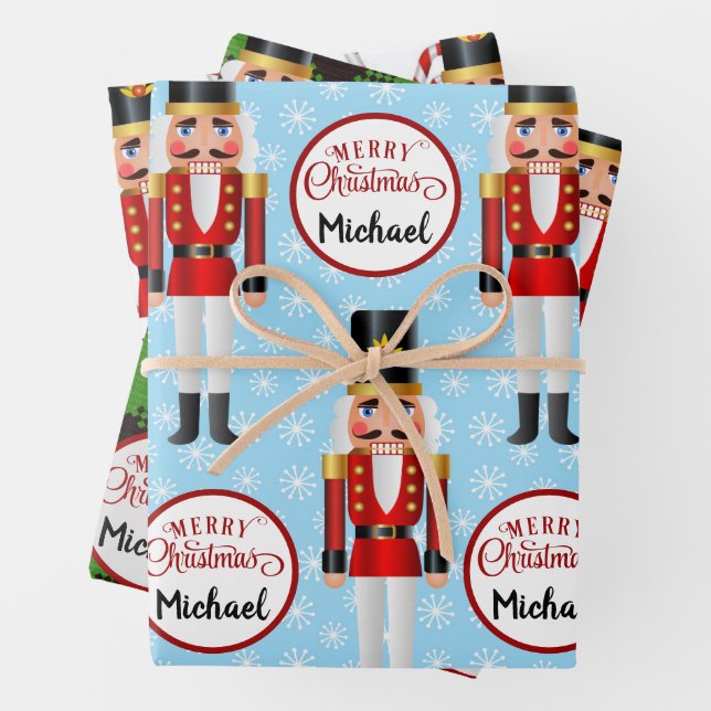Nutcracker 3 Christmas Personalized Patterns Name Wrapping Paper Sheet (In situ)