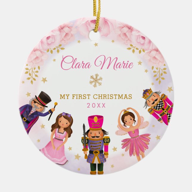 Nutcracker Baby 1st First Christmas Blush Floral Ceramic Ornament (Front)
