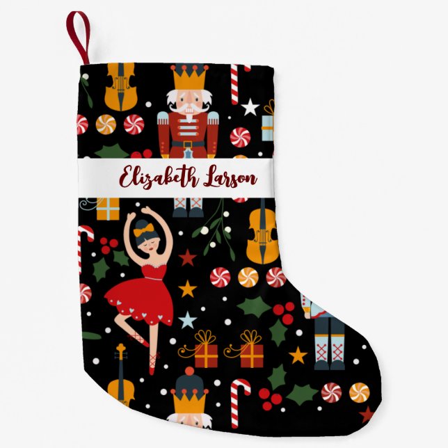 Nutcracker & Ballerina Cute Black Merry Christmas Small Christmas Stocking (Front)