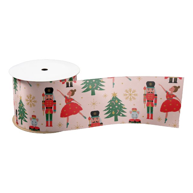 Nutcracker & Ballerina Cute Pink Christmas Satin Ribbon (Spool)