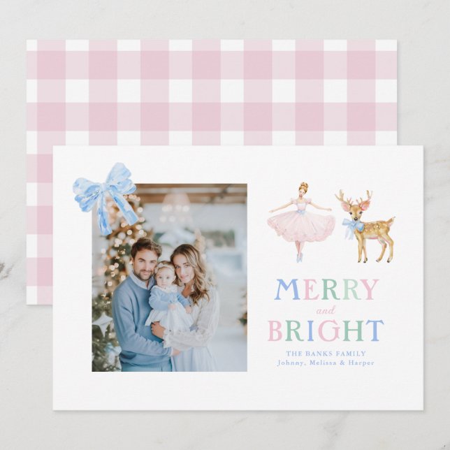 Nutcracker ballerina reindeer bows gingham holiday card (Front/Back)