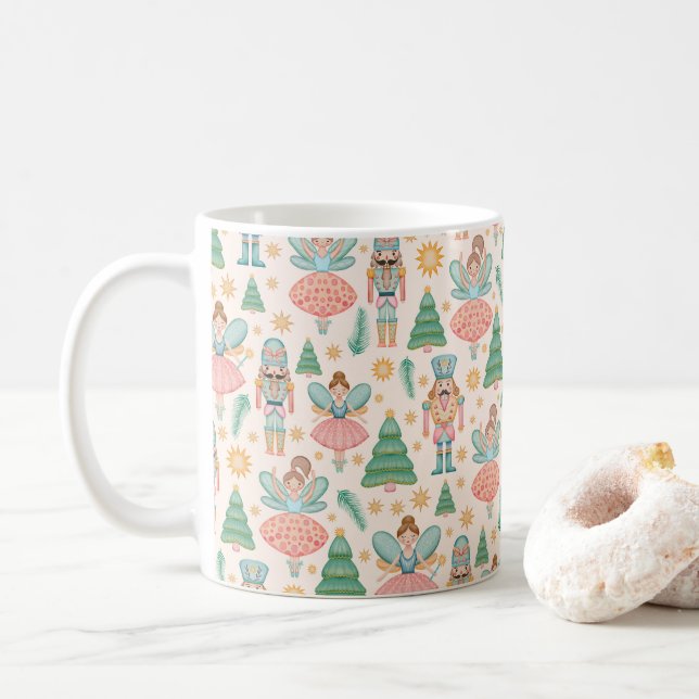 Nutcracker Ballet and Fairies on Cream Background Coffee Mug (With Donut)