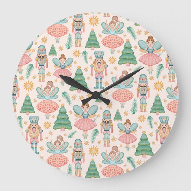 Nutcracker Ballet and Fairies on Cream Background Large Clock (Front)