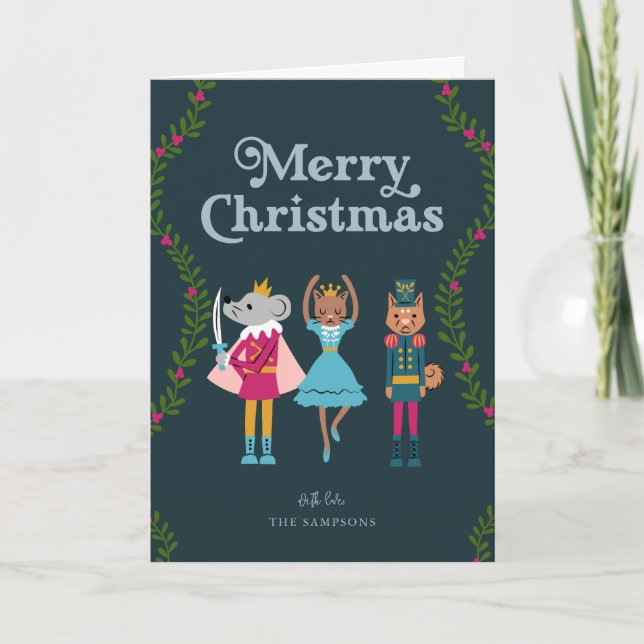 Nutcracker Ballet Animals Christmas Green Holiday Card (Front)