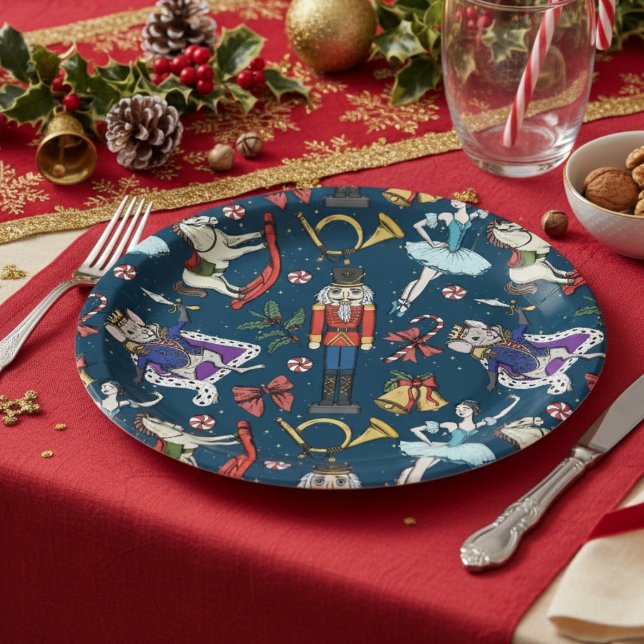 Nutcracker Ballet Christmas Navy Xmas Party Paper Plate (Festive Nutcracker Ballet Christmas Paper Plates. Navy Nutcracker Pattern for Xmas & Birthday Party)