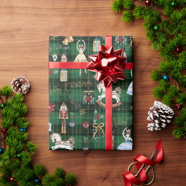 Nutcracker Ballet Merry Christmas Green Plaid Wrapping Paper (Holiday Gift)