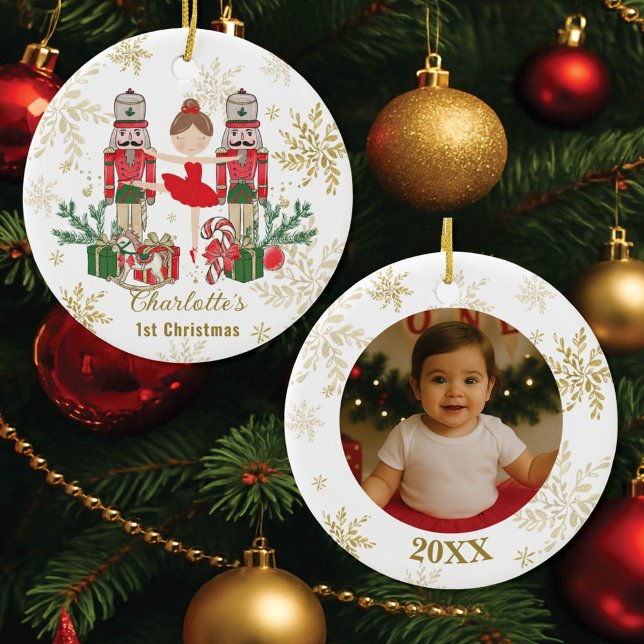 Nutcracker Ballet Red 1st Christmas Baby Photo Ceramic Ornament (Creator Uploaded)