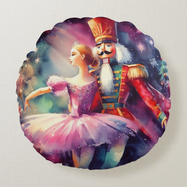 Nutcracker Ballet Watercolor Christmas Ballerina Round Pillow (Front)