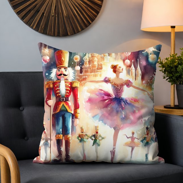 Nutcracker Ballet Watercolor Christmas Ballerina Throw Pillow (Creator Uploaded)