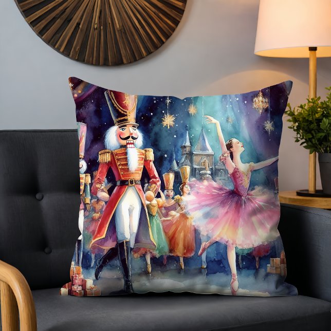 Nutcracker Ballet Watercolor Christmas Ballerina Throw Pillow (Creator Uploaded)