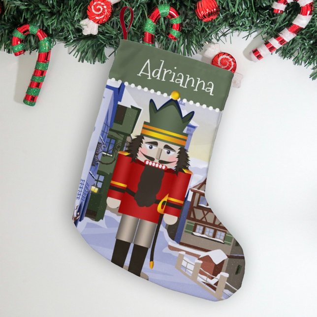 Nutcracker, Bavarian German Green Personalized  Small Christmas Stocking (Nostalgic green and blue personalized Christmas stocking with name. Red nutcracker, Bavarian town.)