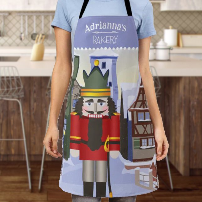 Nutcracker, Bavarian German Personalized Blue Apron (Blue Christmas apron, personalized bakery gift, kitchen apron with name and red nutcracker)