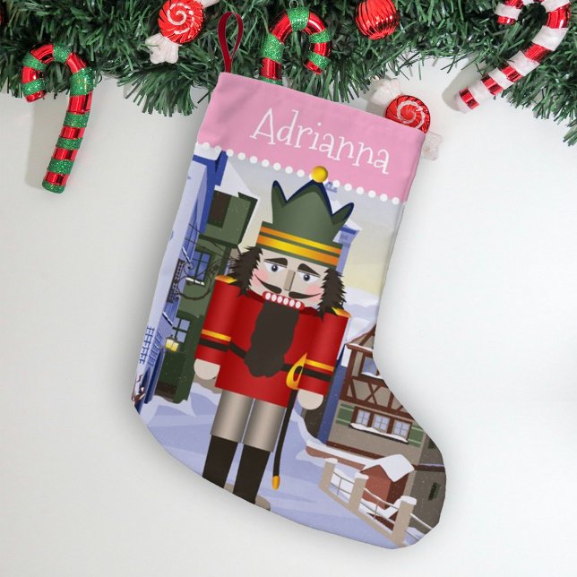 Nutcracker, Bavarian German Pink Personalized  Small Christmas Stocking (Nostalgic pink and blue personalized Christmas stocking with name. Red nutcracker, Bavarian town.)