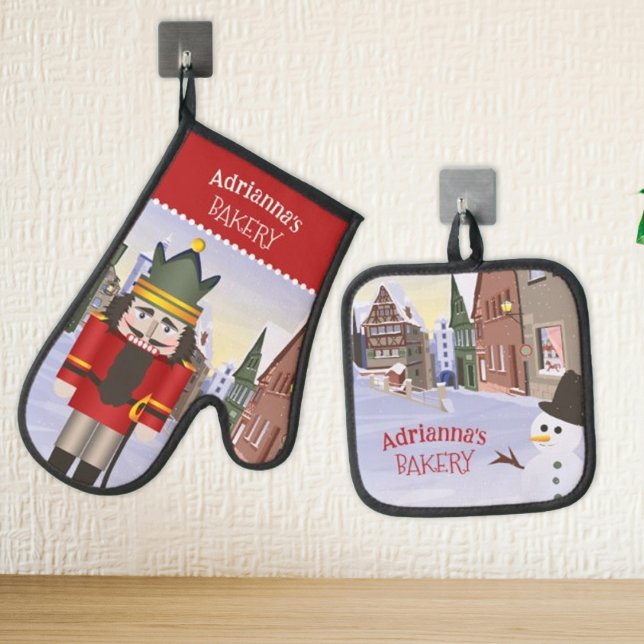 Nutcracker, Bavarian German Towne Personalized  Oven Mitt & Pot Holder Set (Personalized Christmas oven mitt and potholder, blue and red nutcracker Bavarian german town)