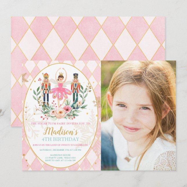 Nutcracker Birthday Girl Ballet Girl Suger Plum Invitation (Front/Back)