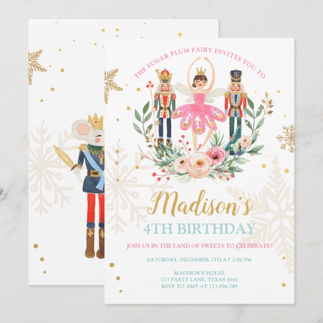 Nutcracker Birthday Girl Ballet Girl Suger Plum Invitation (Front/Back)