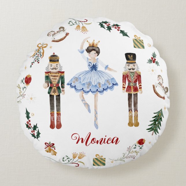 Nutcracker blue gold ballerina birthday round pillow (Front)