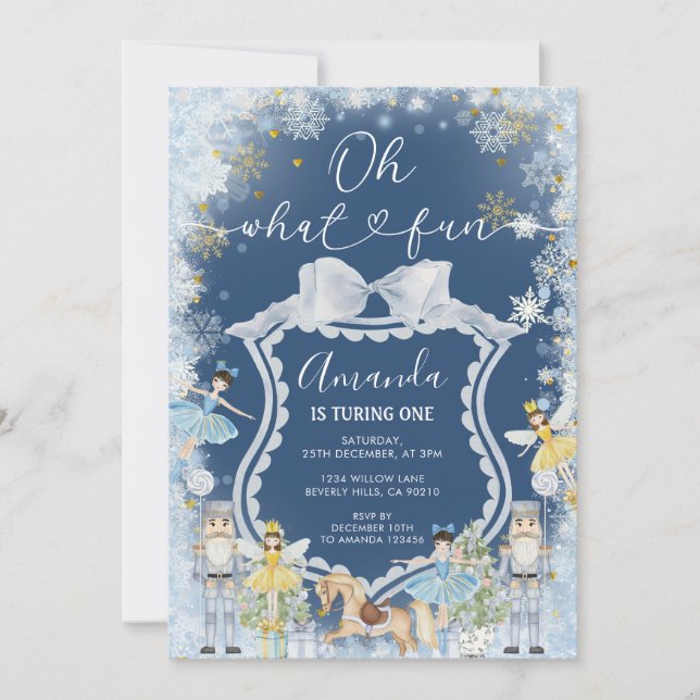 Nutcracker Blue Winter Oh What Fun First Birthday Invitation (Front)